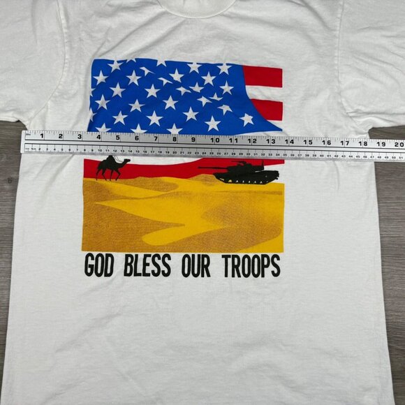 American Flag ‘God Bless Our Troops’ Patriotic White T-Shirt Large Single Stitch - Picture 12 of 16